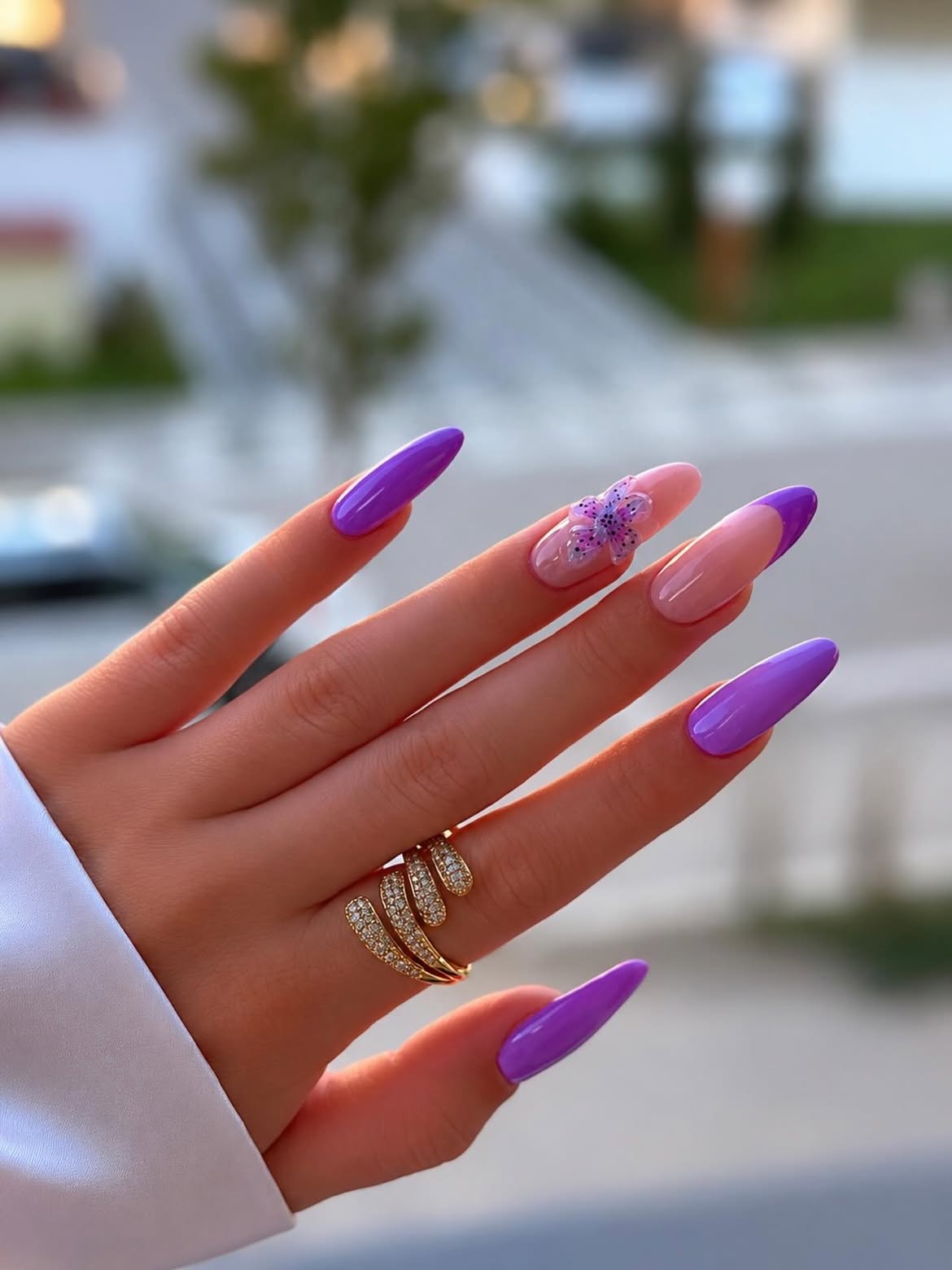 Vibrant Purple French Tips With Butterfly Accent