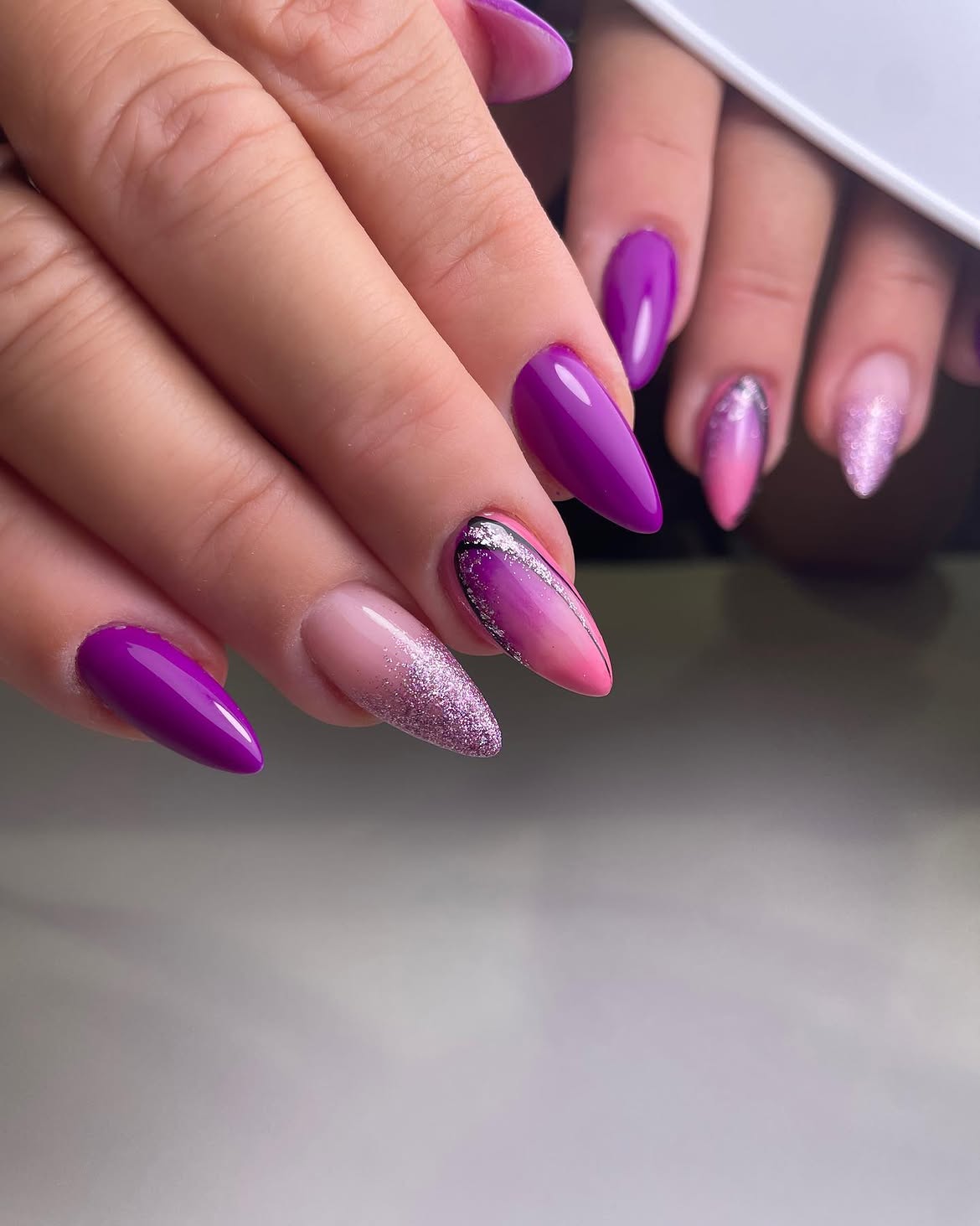 Vibrant Purple Pink Ombre Glitter Almond Nails