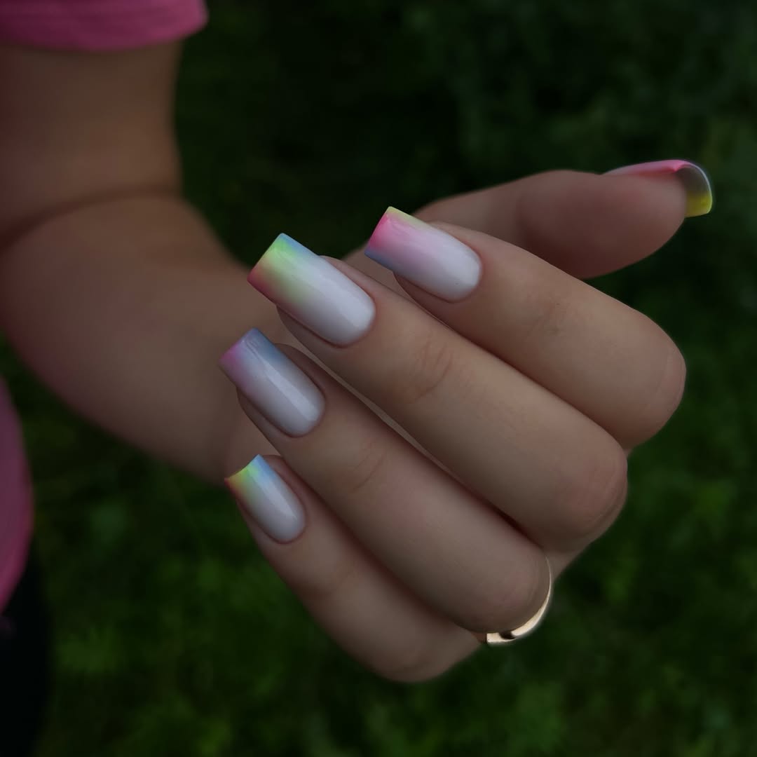 Vibrant Rainbow Ombre White Base Square Nails