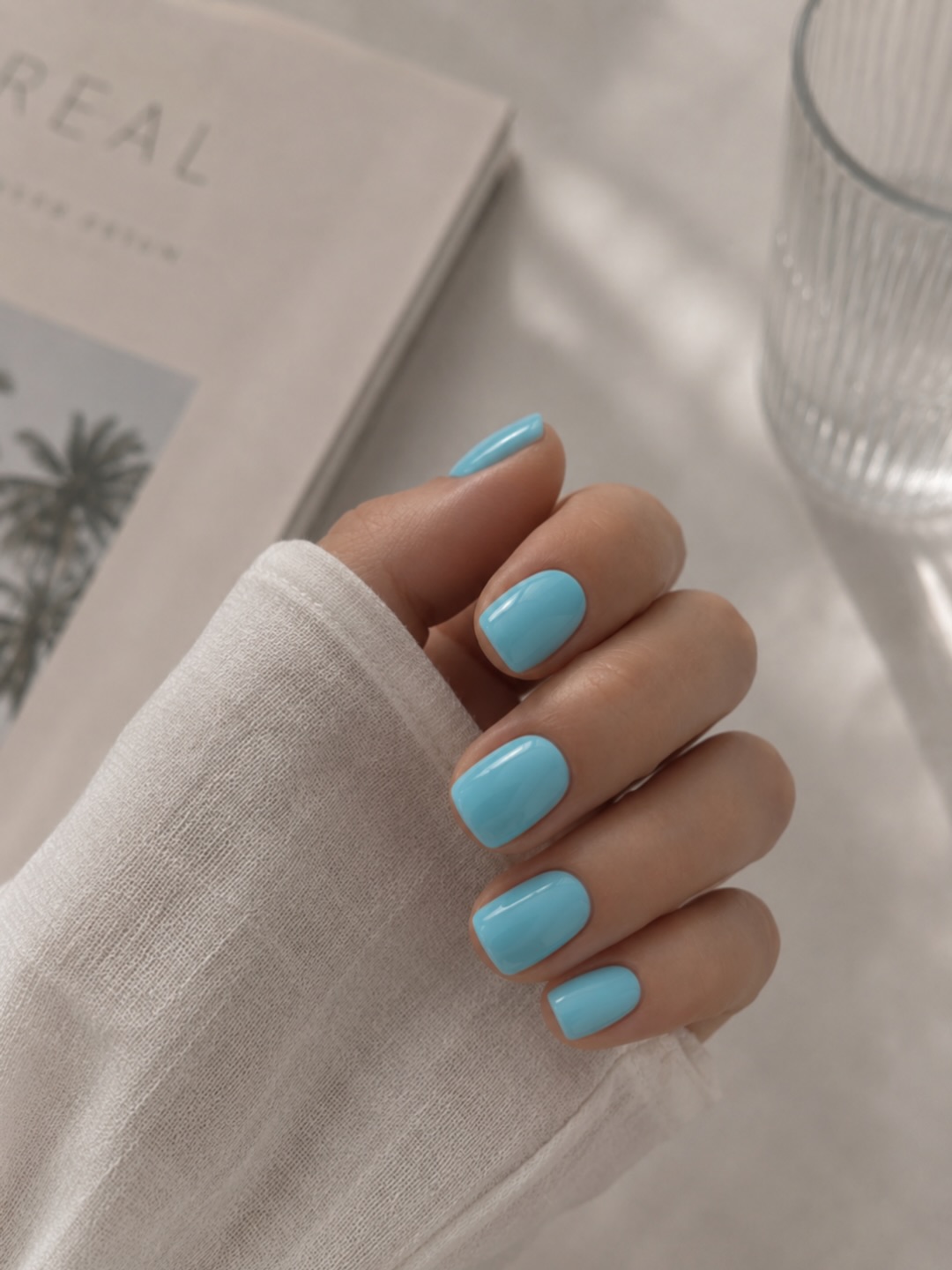 Vibrant Sky Blue Glossy Square Nails