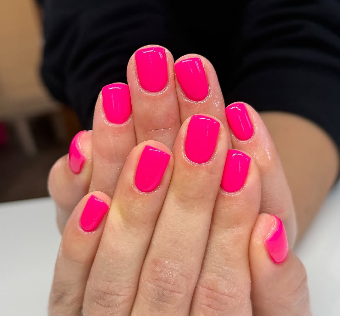 Vivid Neon Pink Glossy Short Squoval Nails