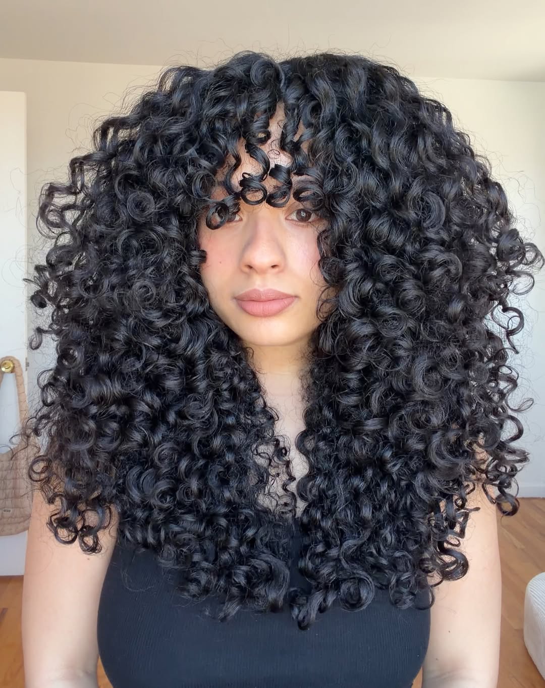 Voluminous Dark Curly Cut With Face-Framing Bangs