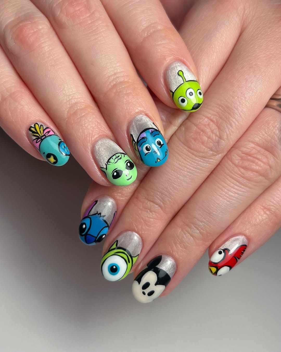 Whimsical Disney Character Heads Hand-Painted Oval Nails
