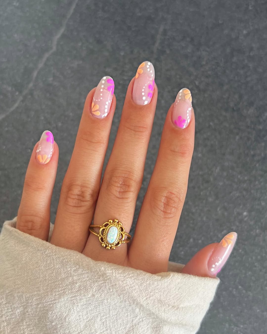 Whimsical Floral Aura French Oval Nails