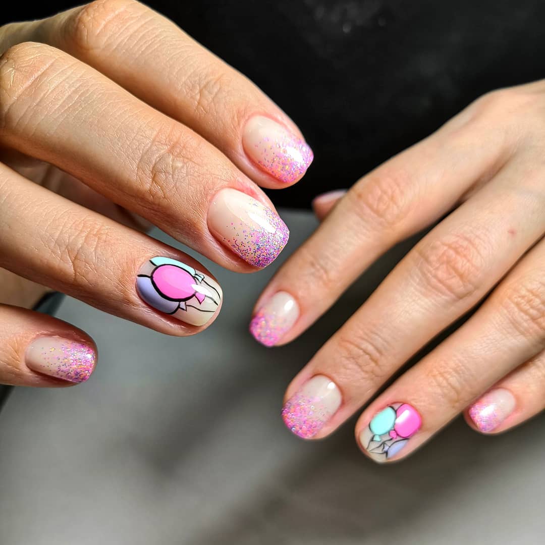 Whimsical Glitter Balloon Party Nails