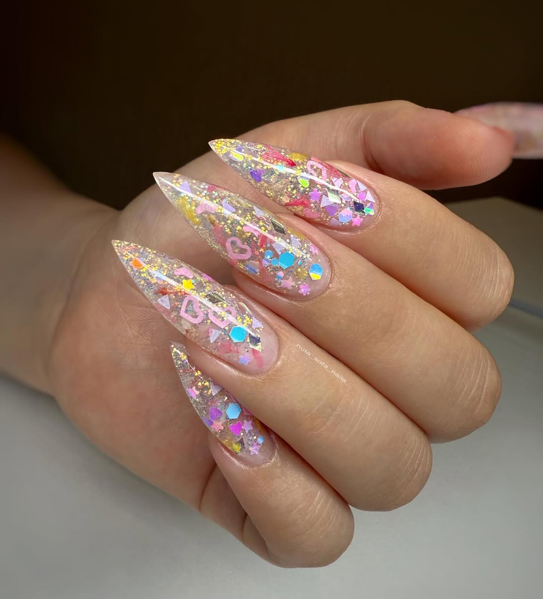 Whimsical Glitter Heart Stiletto Nails