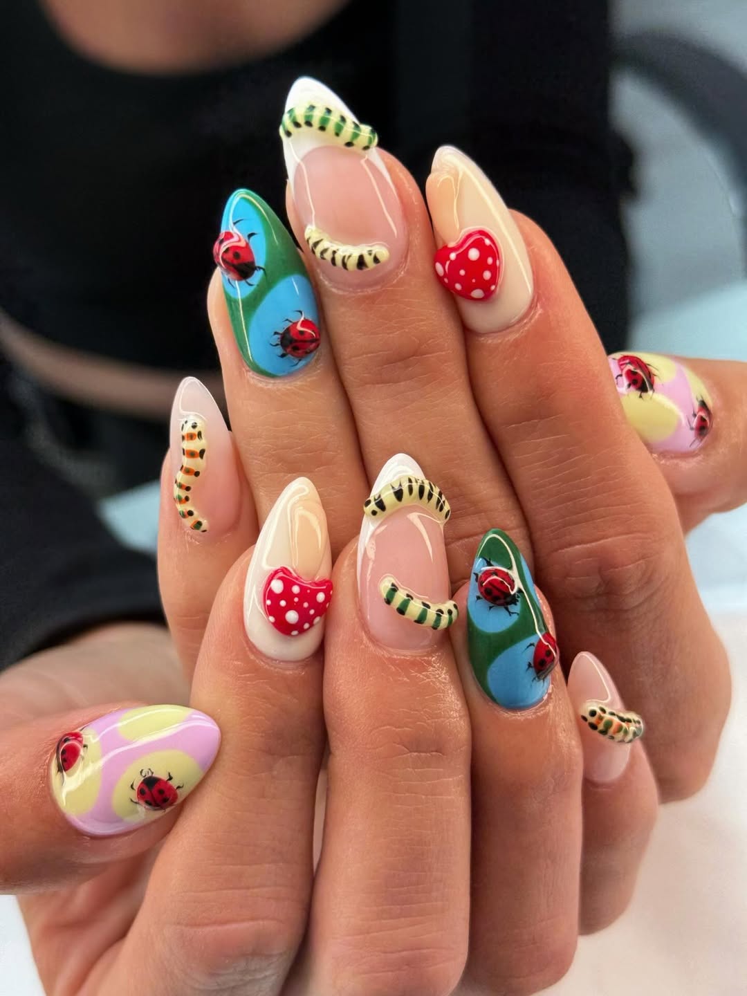 Whimsical Ladybug and Caterpillar French Tips