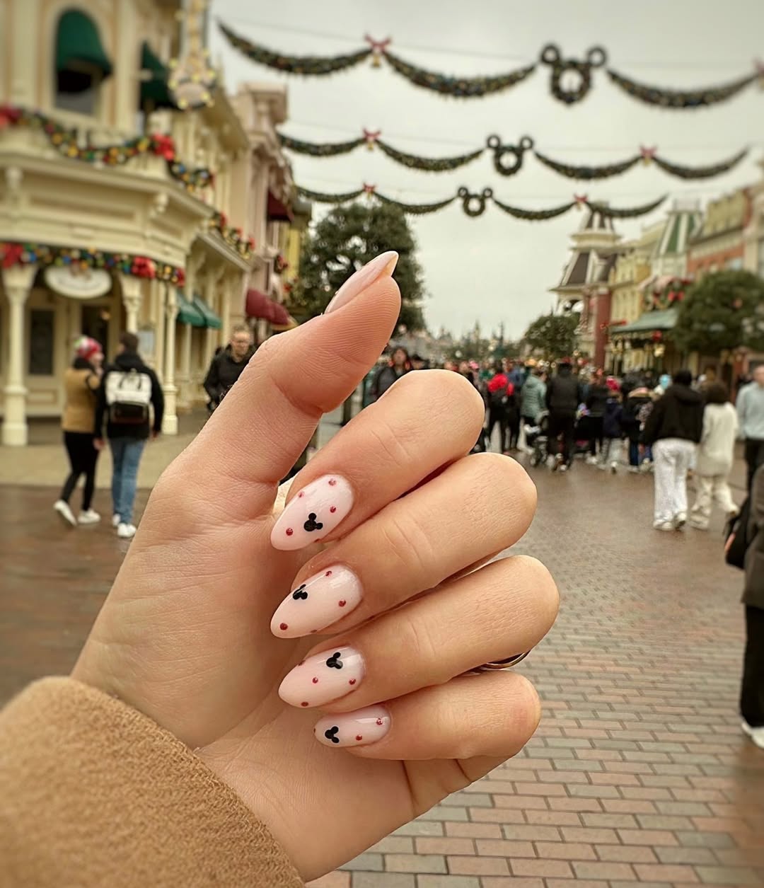 Whimsical Mickey Mouse Pink Polka Dot Almond Nails
