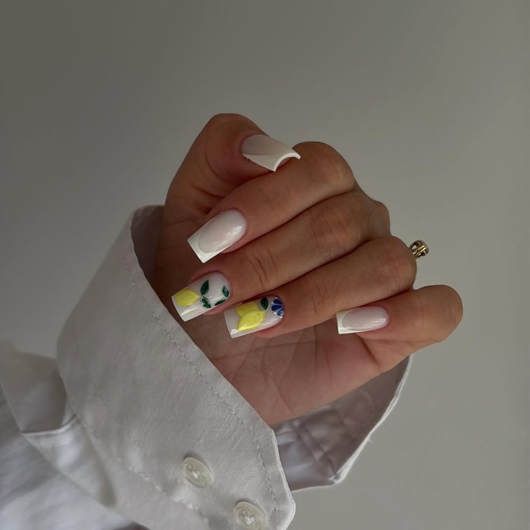 White French Tips with Yellow Lemon Accents