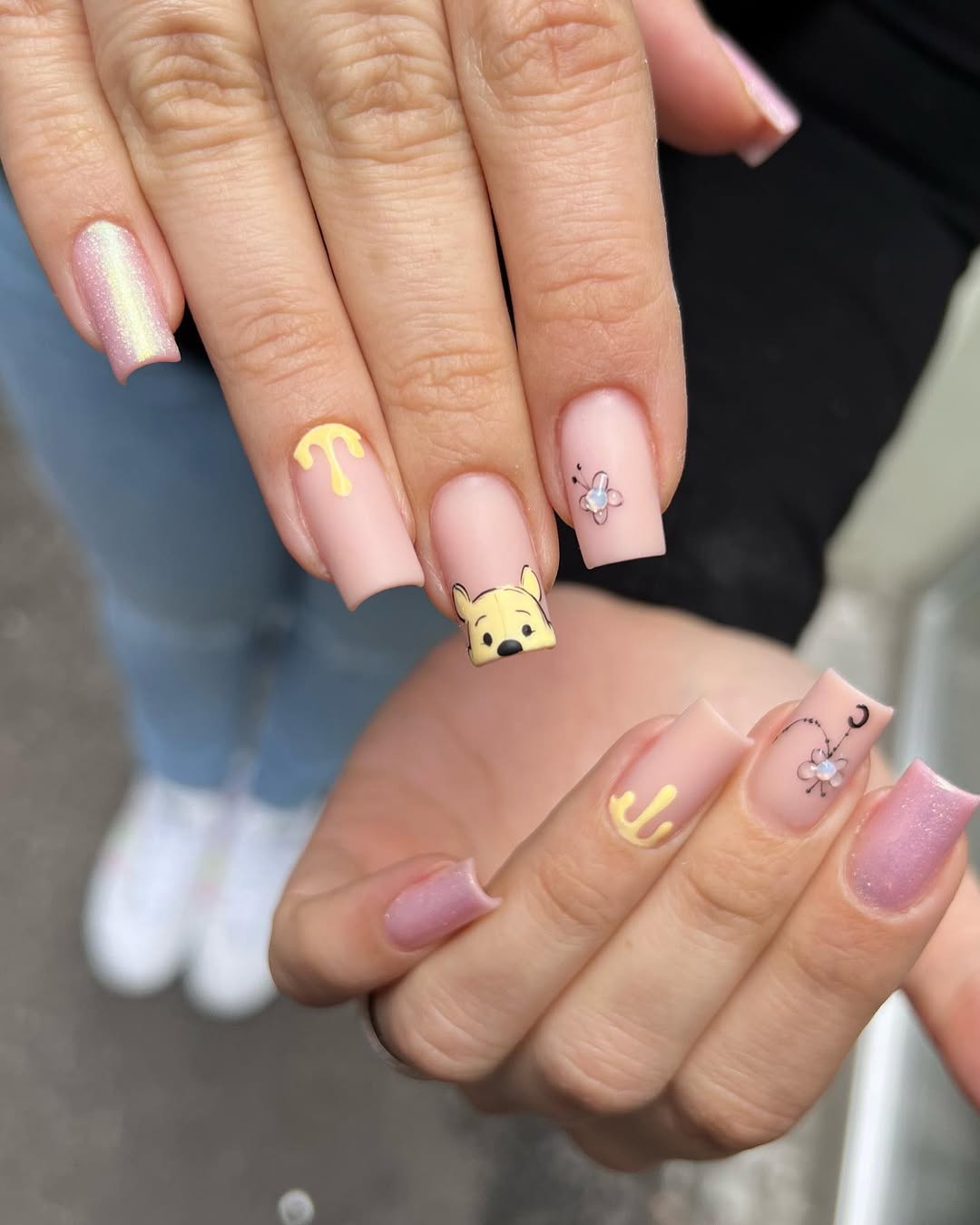 Winnie the Pooh Matte Peach and Shimmer Pink Nails