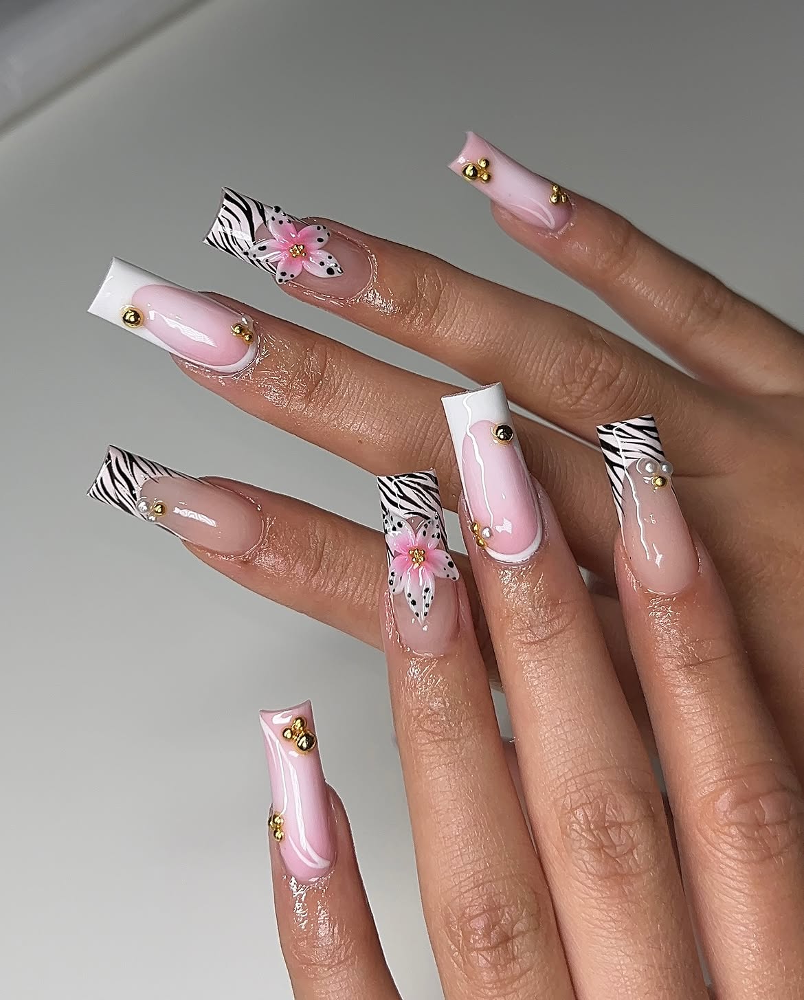 Zebra Print French Tips with 3D Floral Accents