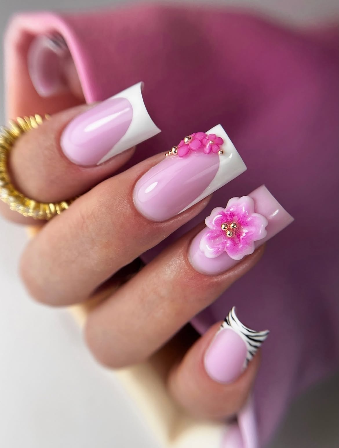 3D Flower French Tip Square Nails