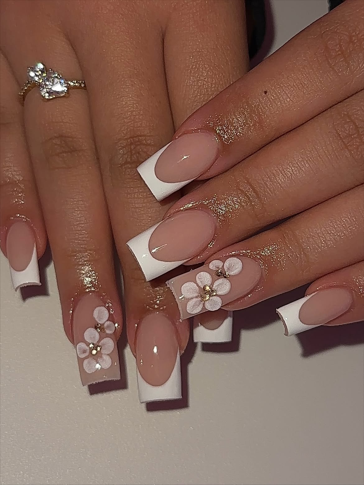 3D White Flower French Tip Acrylic Nails