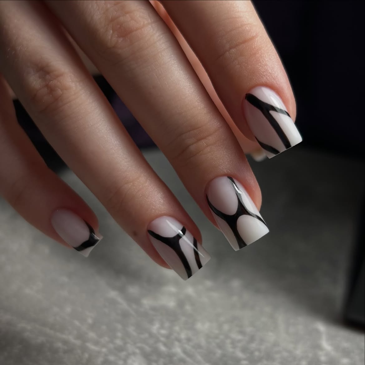 Abstract Black Swirl French Tip Square Nails