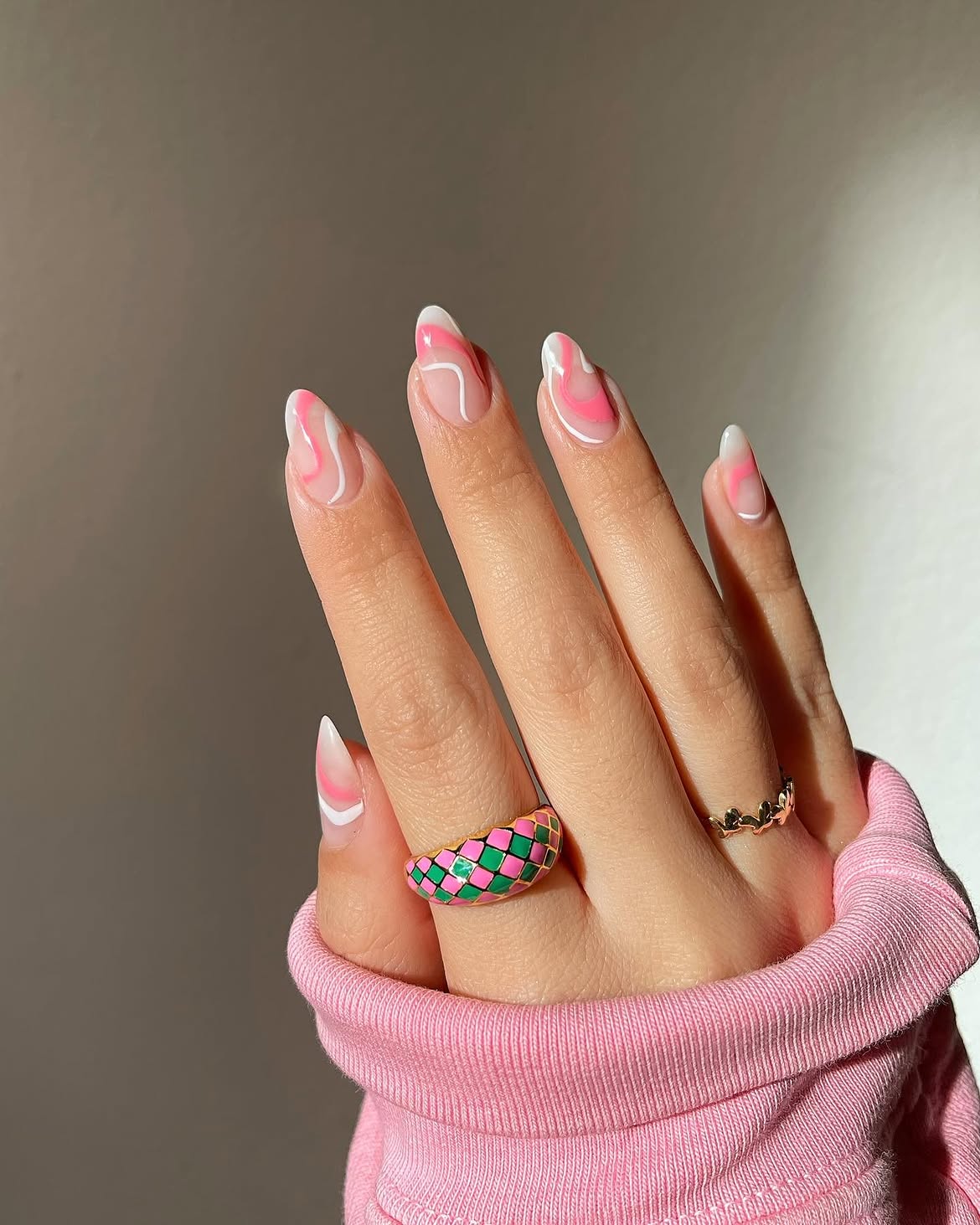 Abstract Pink Swirl French Tip Almond Nails