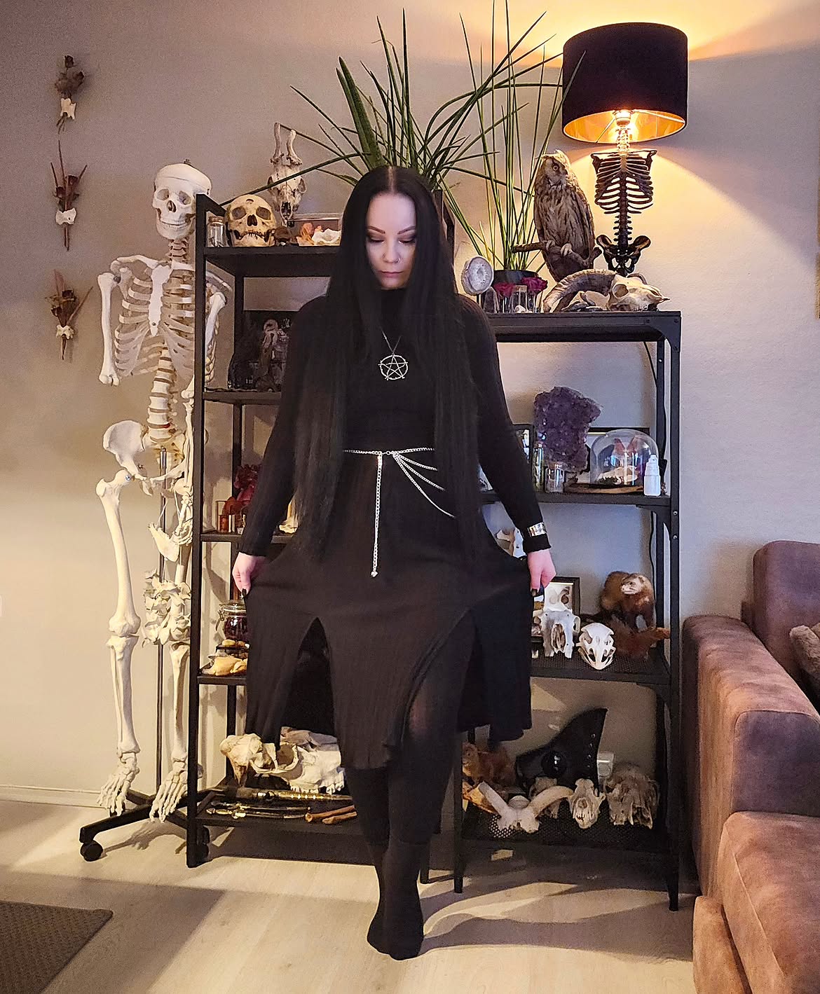 All Black Witchy Knit Dress With Silver Chain Belt