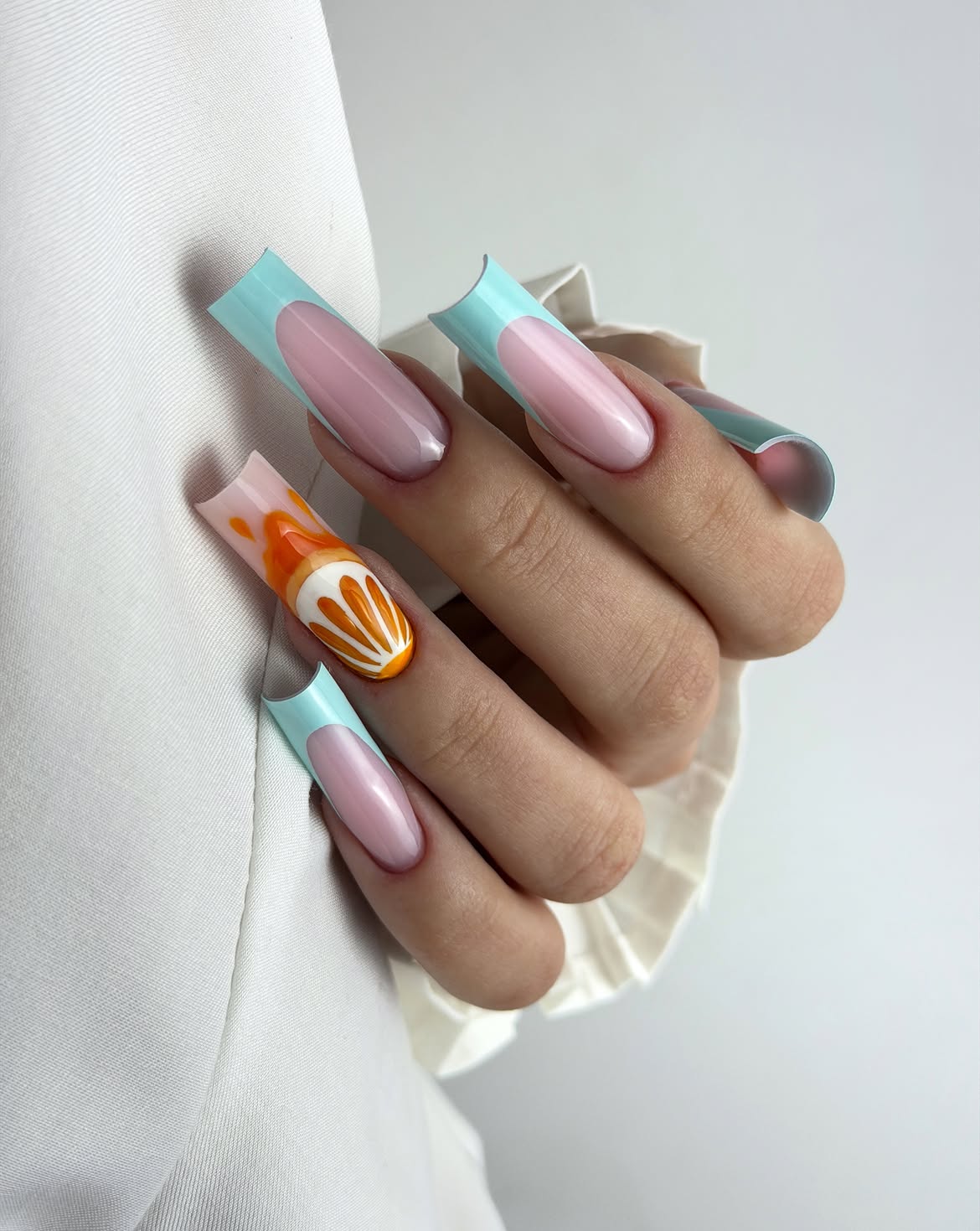 Aqua & Orange Swirl French Tip Long Square Nails