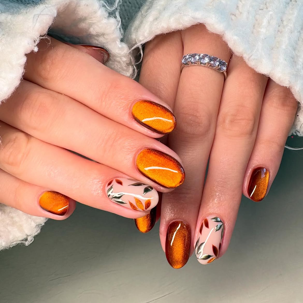 Autumn Cat Eye Leaf Art Oval Nails