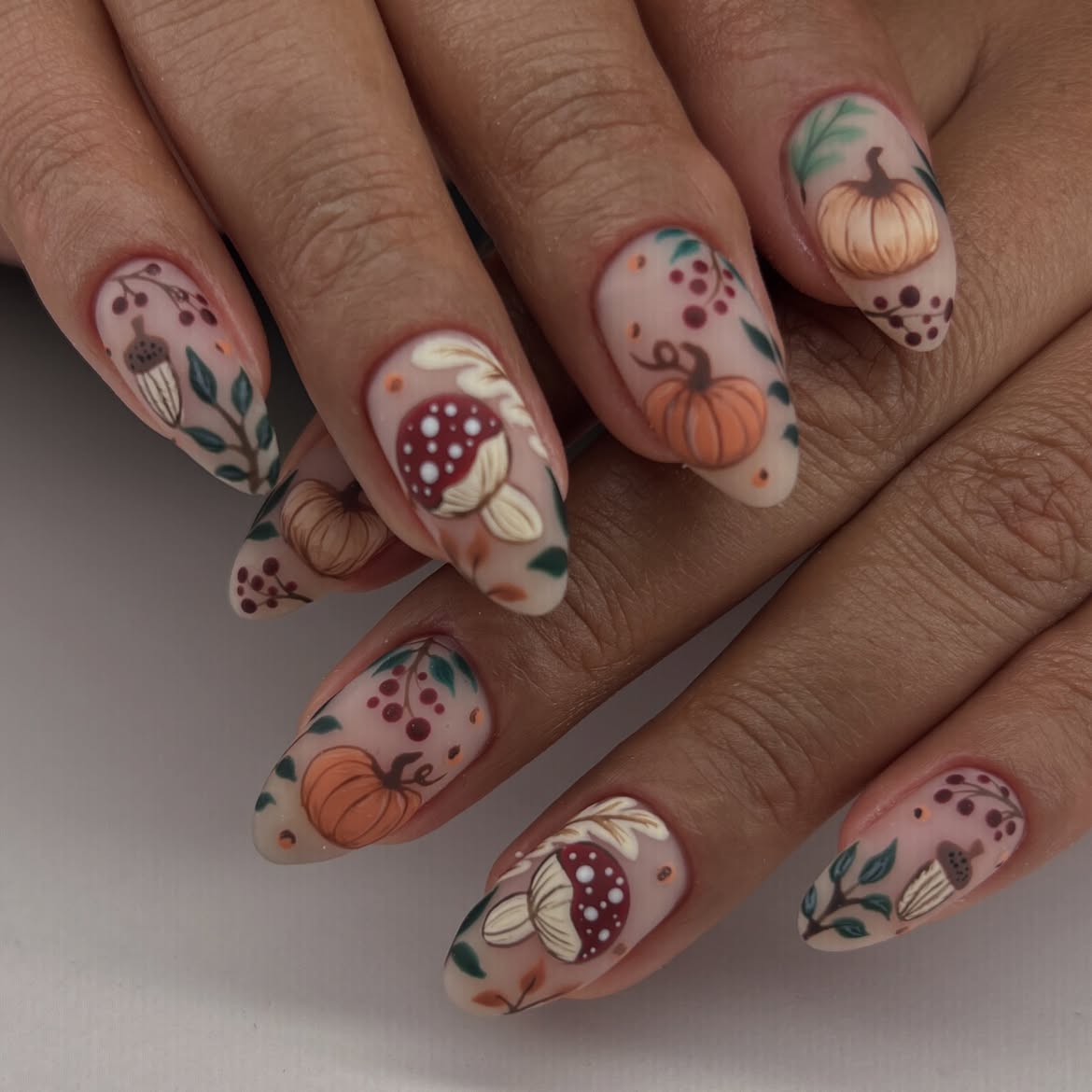 Autumn Harvest Mushroom and Pumpkin Almond Nails