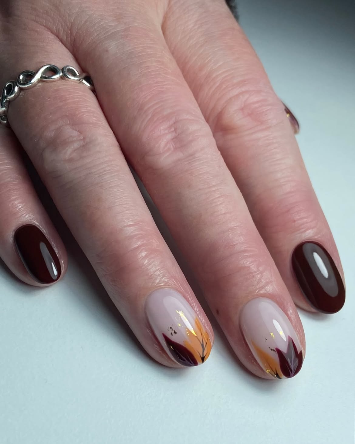 Autumn Leaf French Tips with Gold Flakes