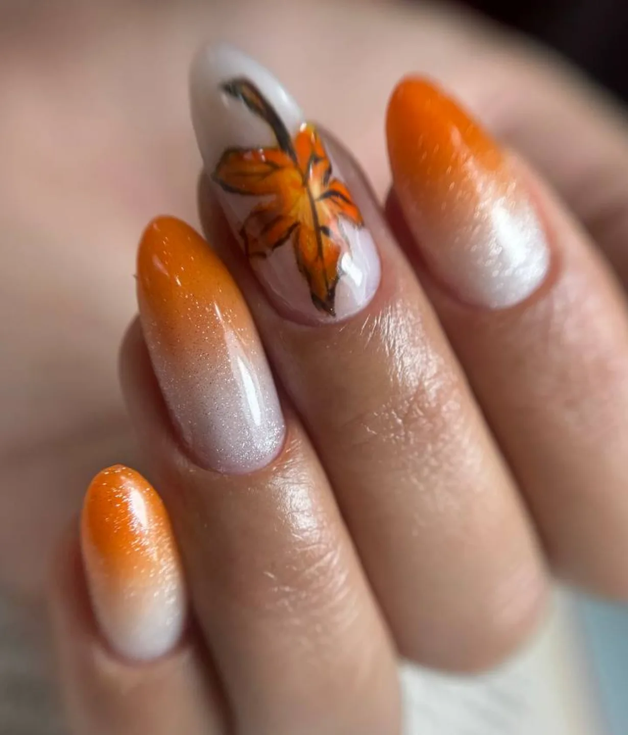 Autumn Leaf Ombre Glitter Almond Nails