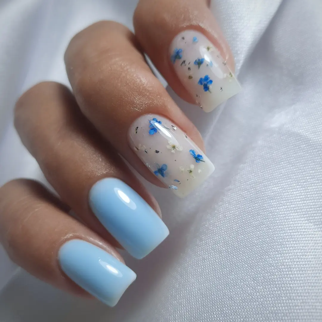 Baby Blue and Pressed Flower Square Nails