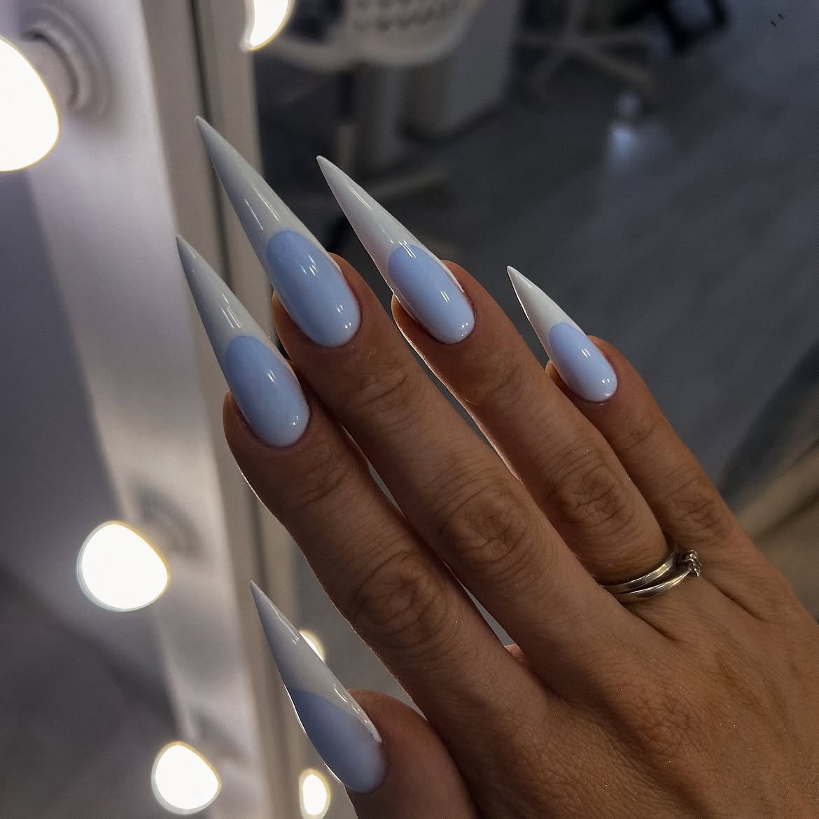 Baby Blue French Tip Stiletto Nails