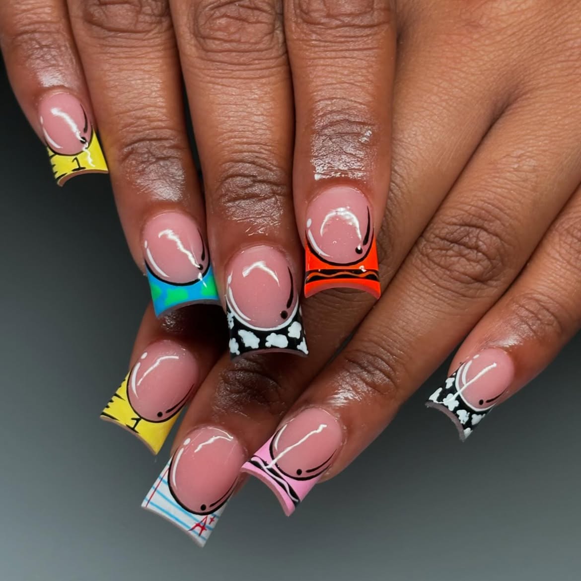 Back to School French Tip Character Nails