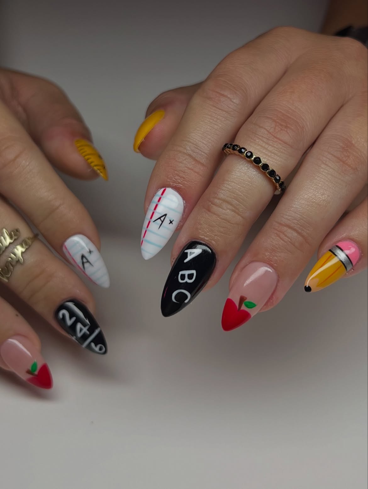 Back To School Pencil And Apple French Tip Nails