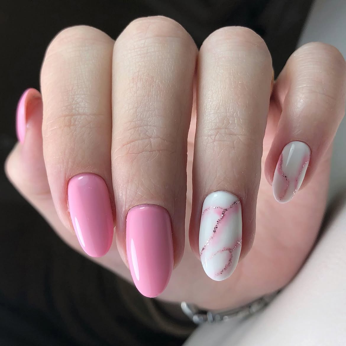 Barbie Pink Marble Glitter Oval Nails