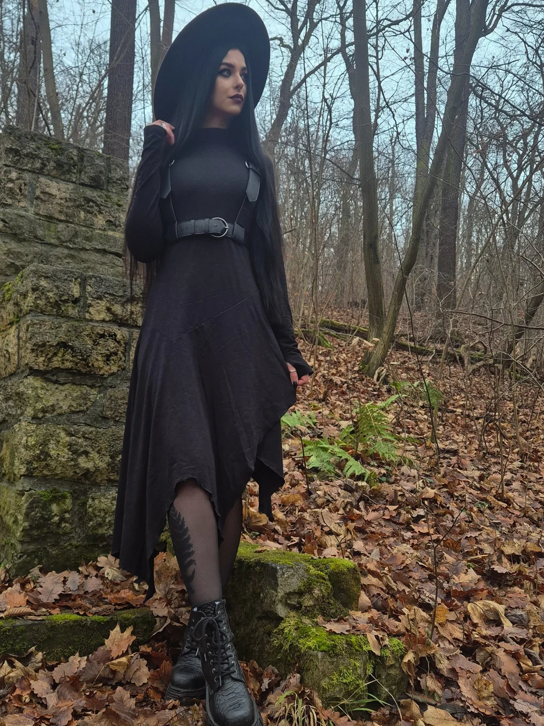 Black Asymmetrical Dress With Harness and Boots