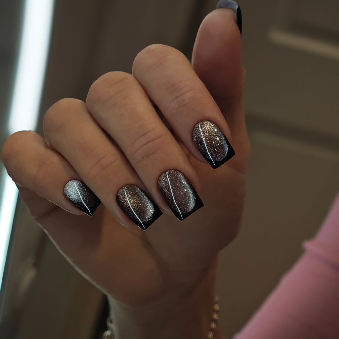 Black Cat Eye French Tip Nails with Glitter