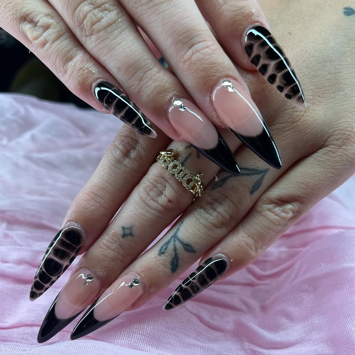 Black Crocodile French Tip Stiletto Nails