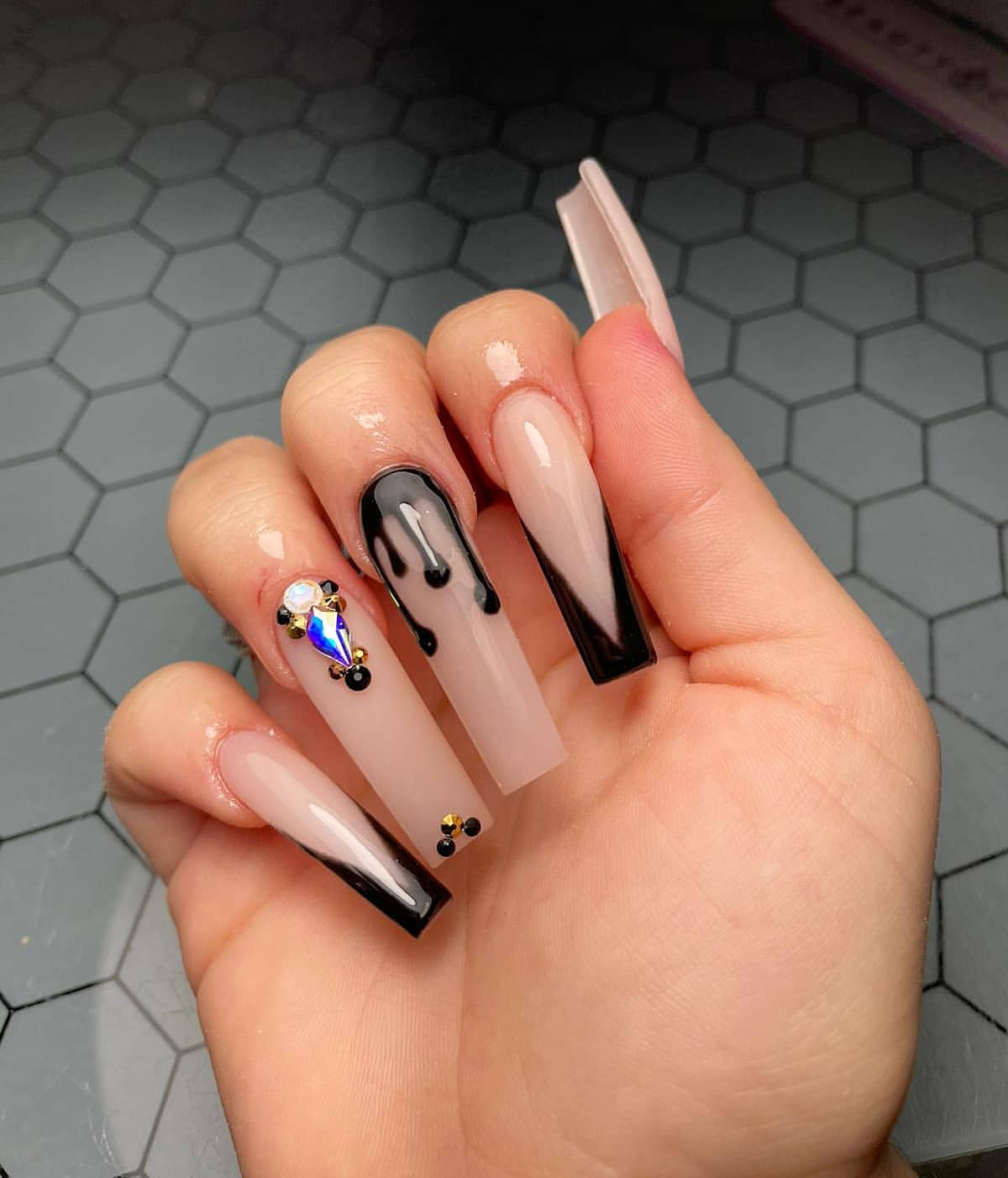 Black Drip French Ombre Coffin Nails