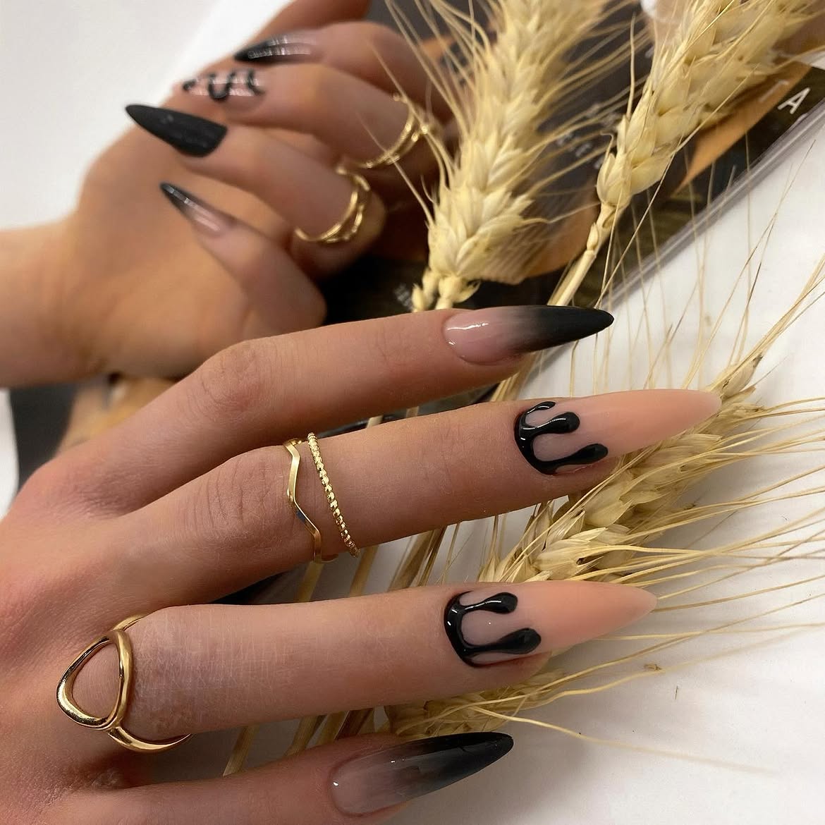 Black Drip French Ombre Stiletto Nails