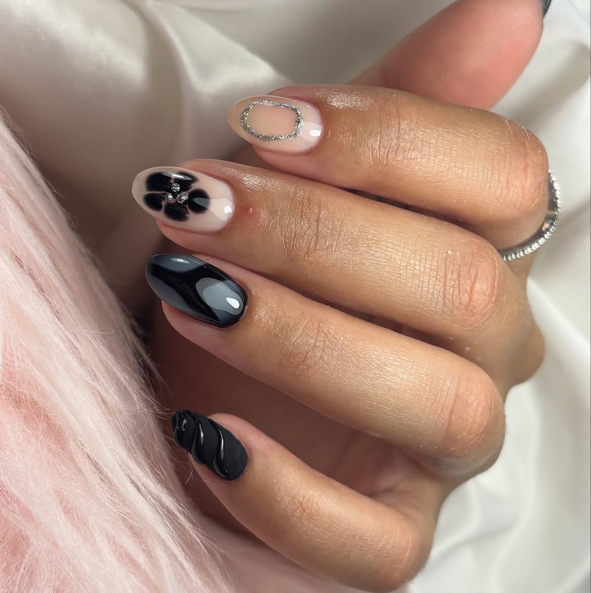 Black Flower Accent Oval Nails with Silver Outline
