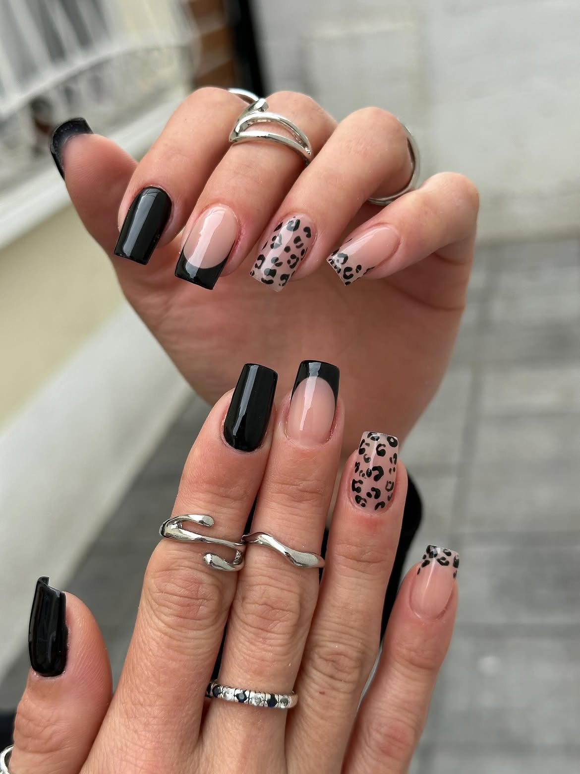 Black French Tip & Leopard Print Square Nails