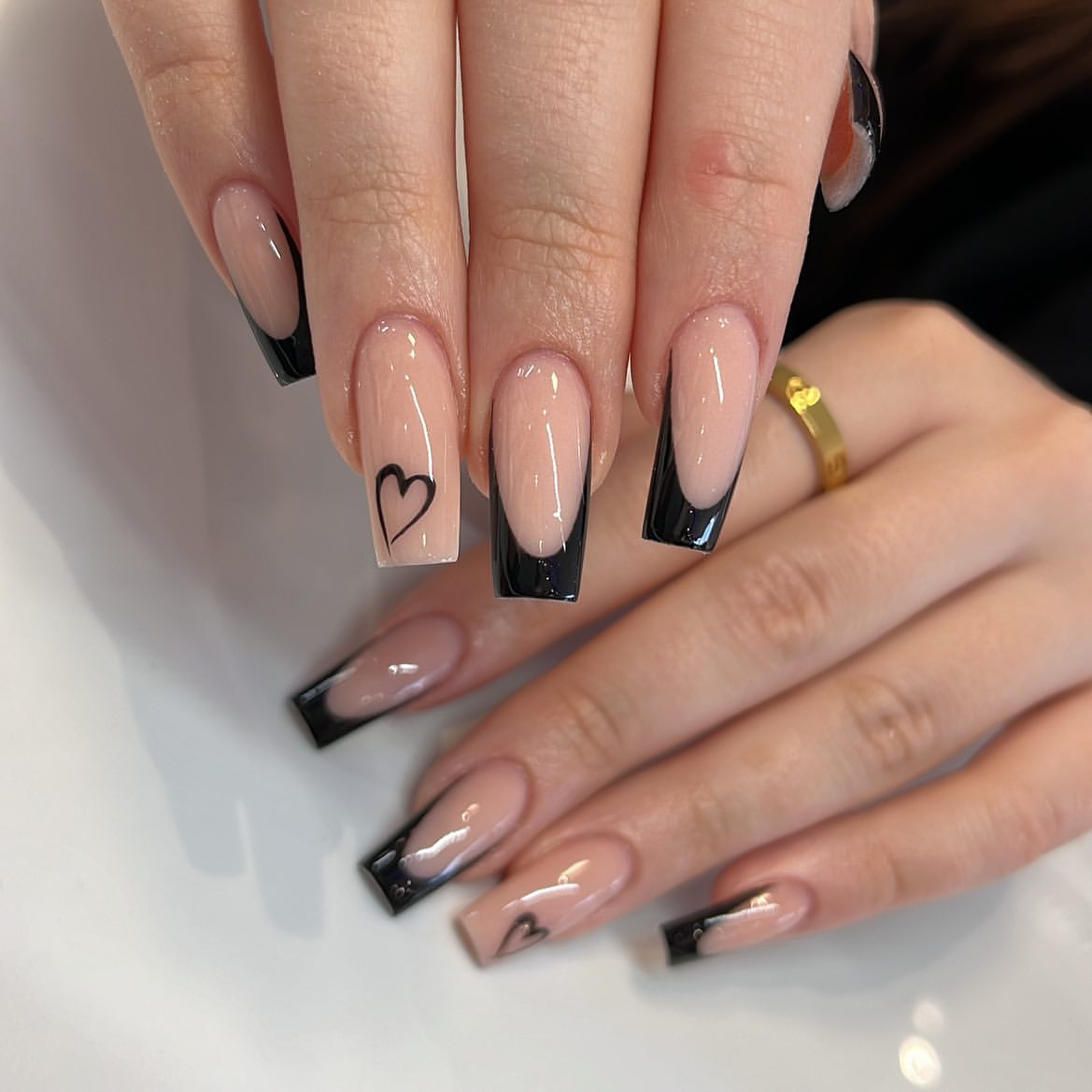 Black French Tip Square Nails With Heart Art