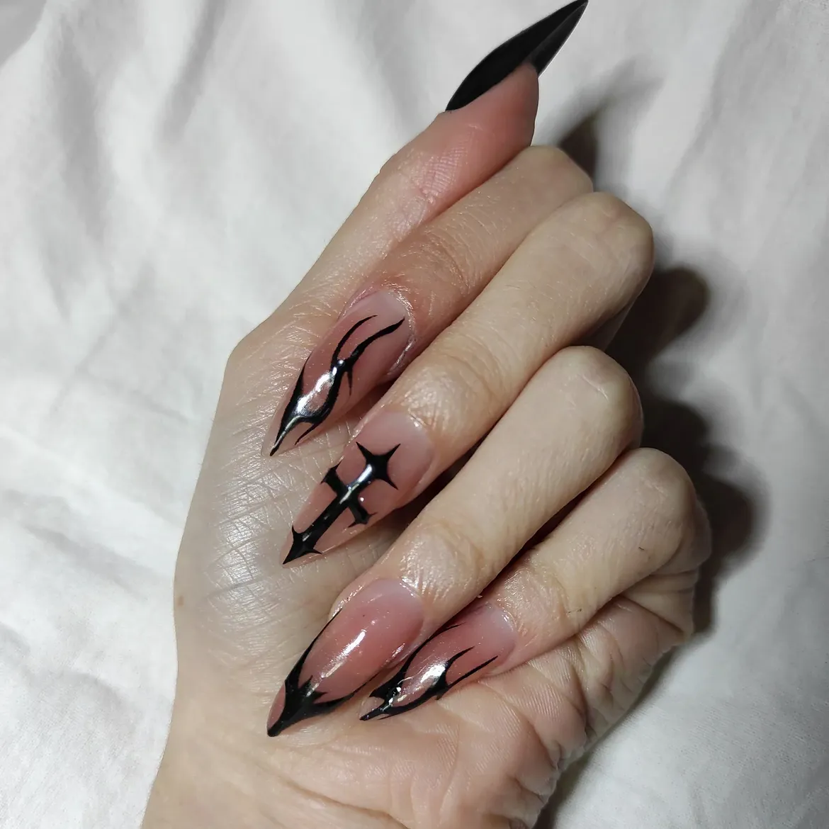 Black Gothic Flame Stiletto Nails