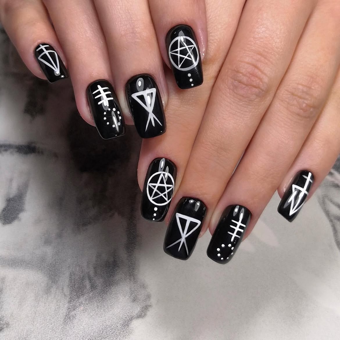 Black Gothic Symbols Glossy Coffin Nails