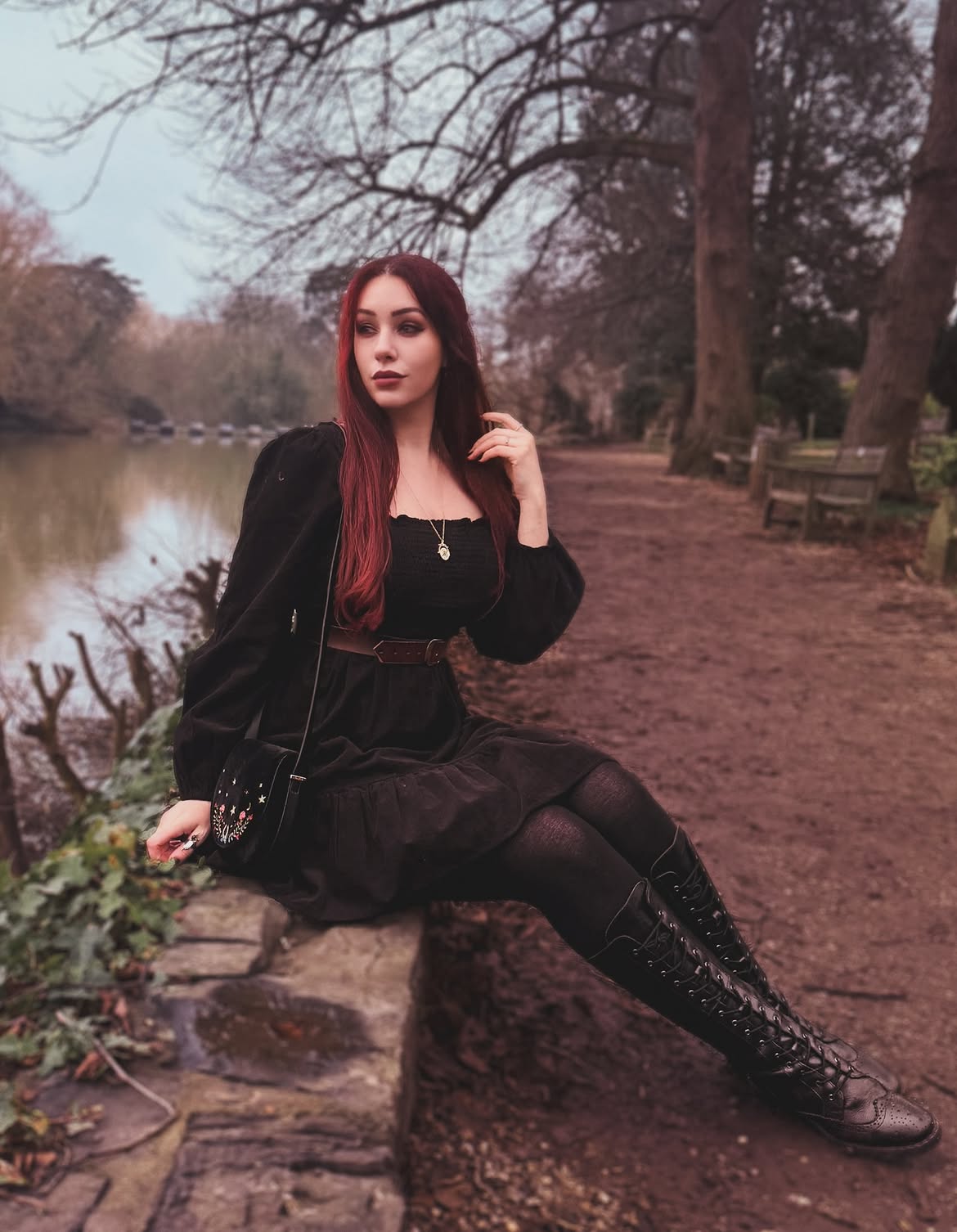 Black Lace-Up Boots And Ruffled Dress Gothic Ensemble