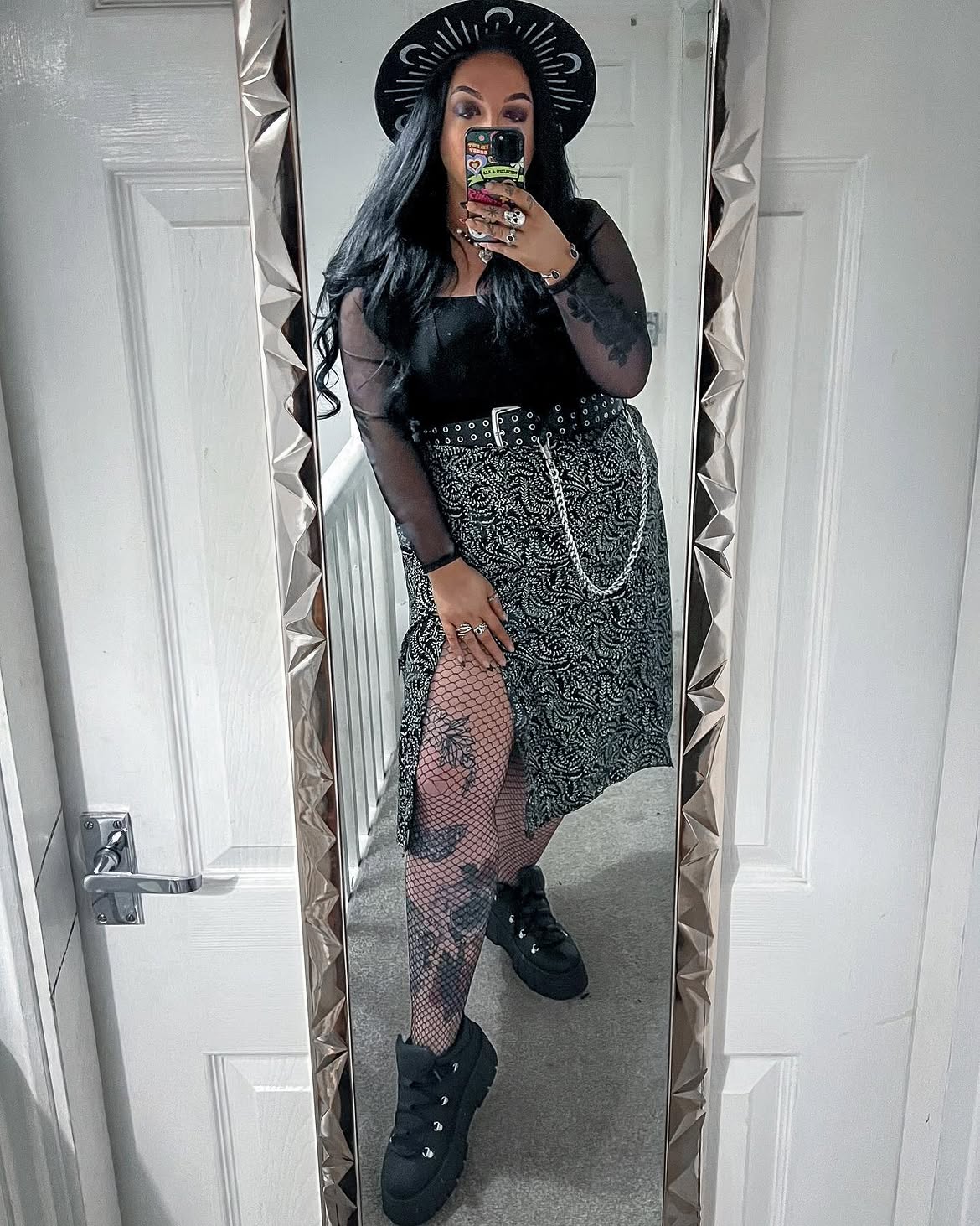 Black Mesh Top With High Slit Skirt Outfit