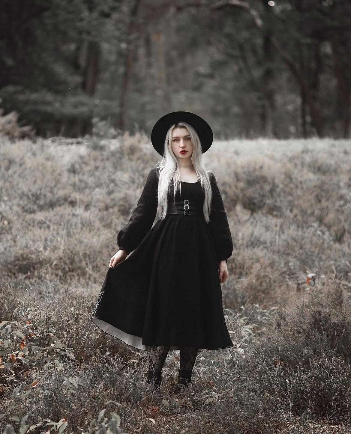 Black Midi Dress With Buckled Belt and Witchy Hat