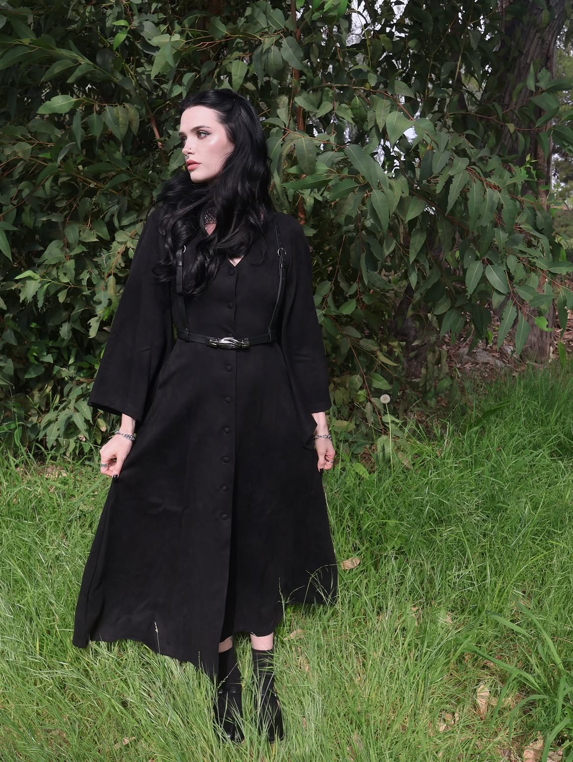 Black Midi Dress With Harness Detail And Boots