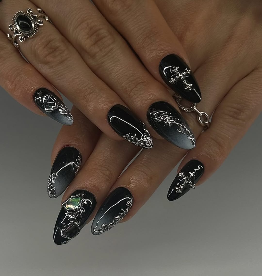 Black Ombre Stiletto Nails with Silver Swirls