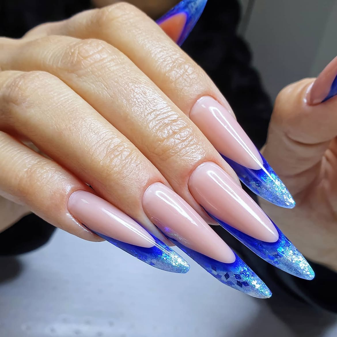 Blue Glitter French Tip Stiletto Nails