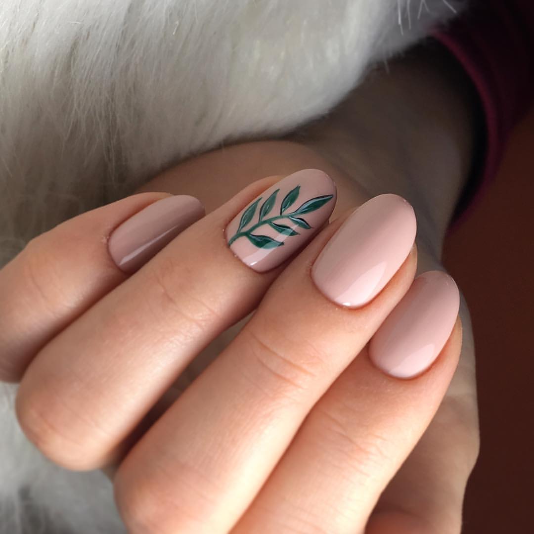 Blush Pink Oval Nails with Green Leaf Art