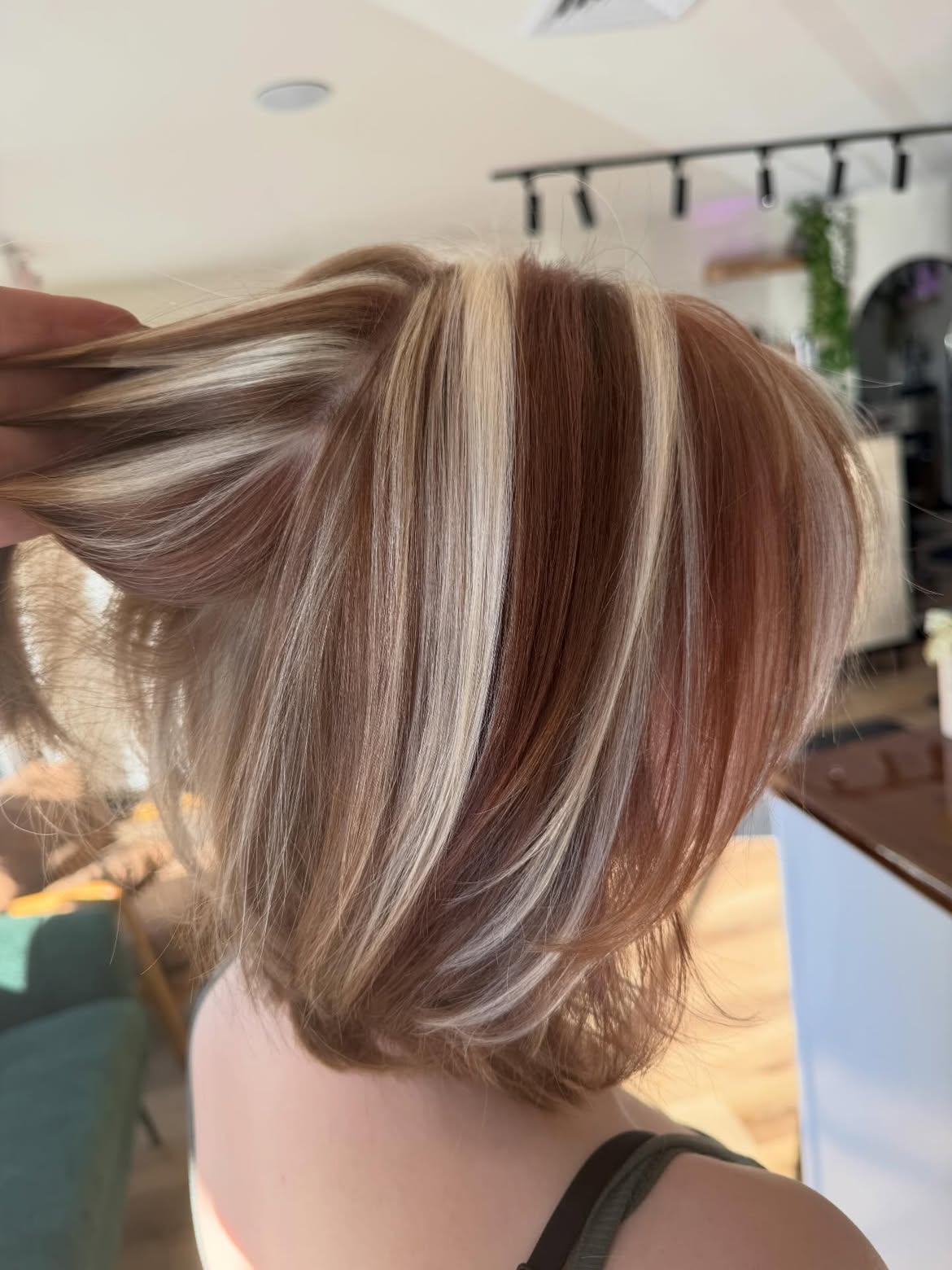Bold Blonde and Copper Chunky Highlights Lob