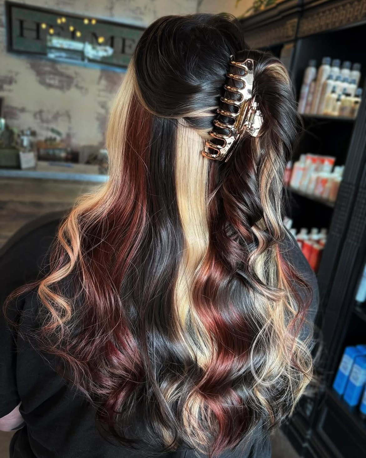 Bold Calico Hair Color With Claw Clip
