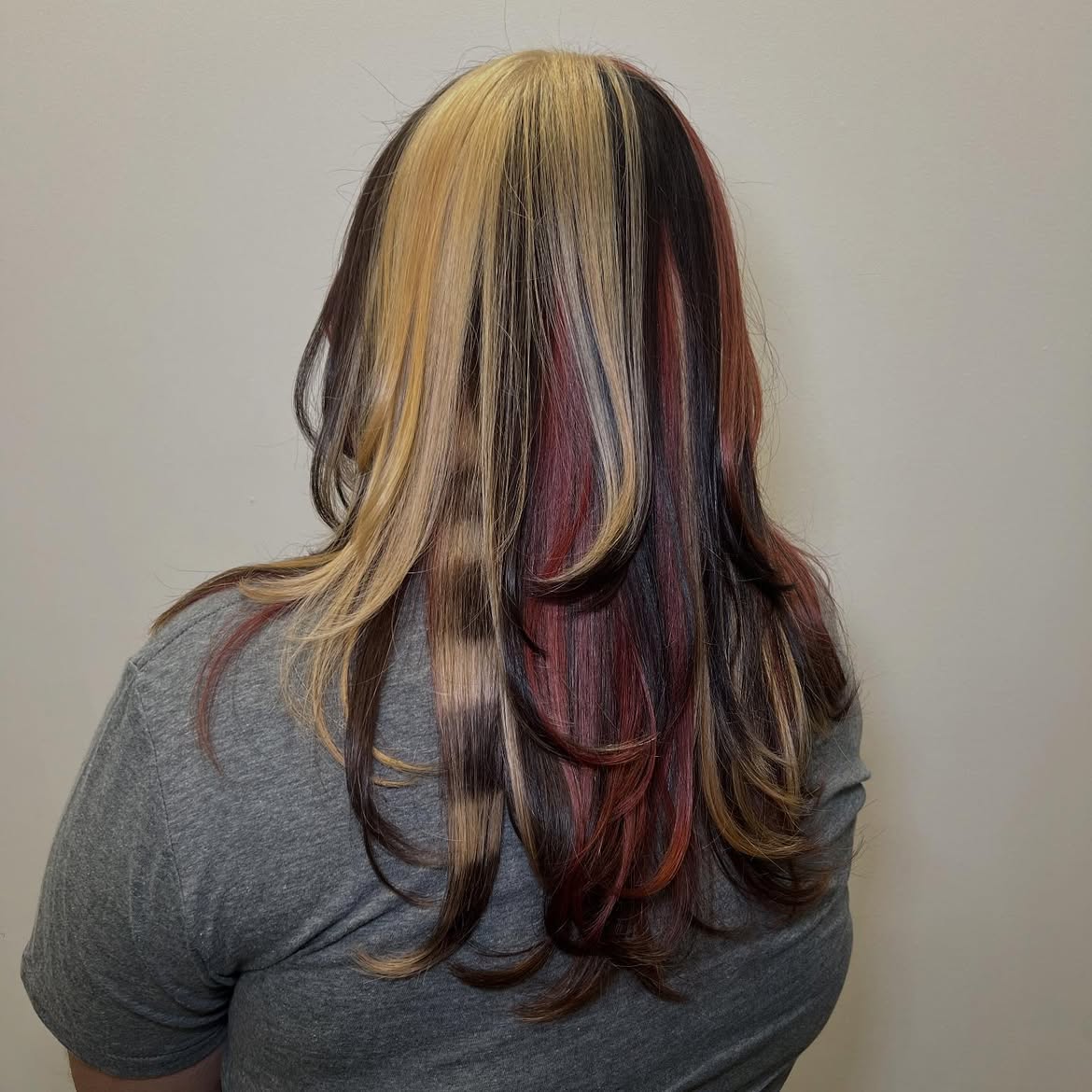 Bold Calico Hair Color With Face Framing Layers